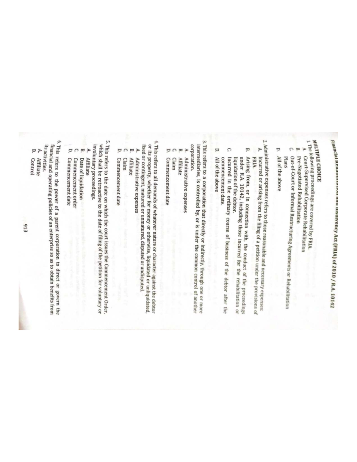 FRIA 2010 R.A. 10142: Multiple Choice Questions on Financial ...