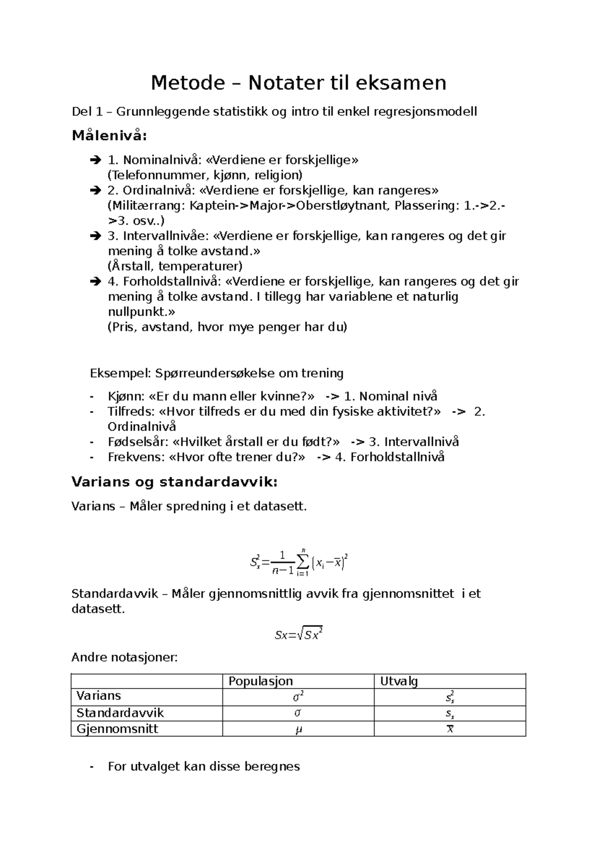 Metode Notater til Eksamensdokument Grunnleggende Statistikk og - Studocu