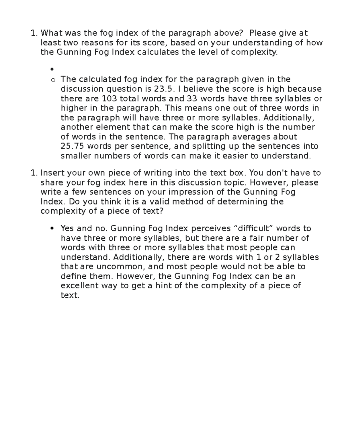 Discussion topic for week 3 The Gunning Fog Index post5 - What was the ...