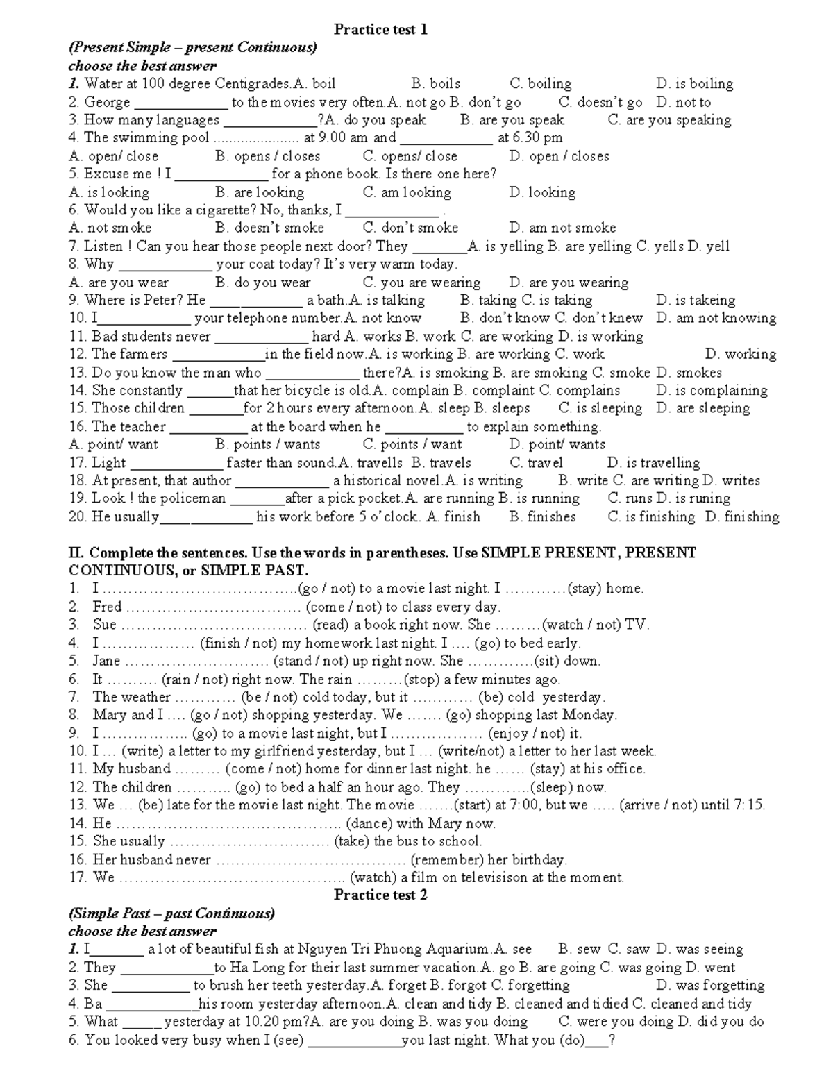 Practice Test 1 - Simple Present & Present Continuous - Studocu