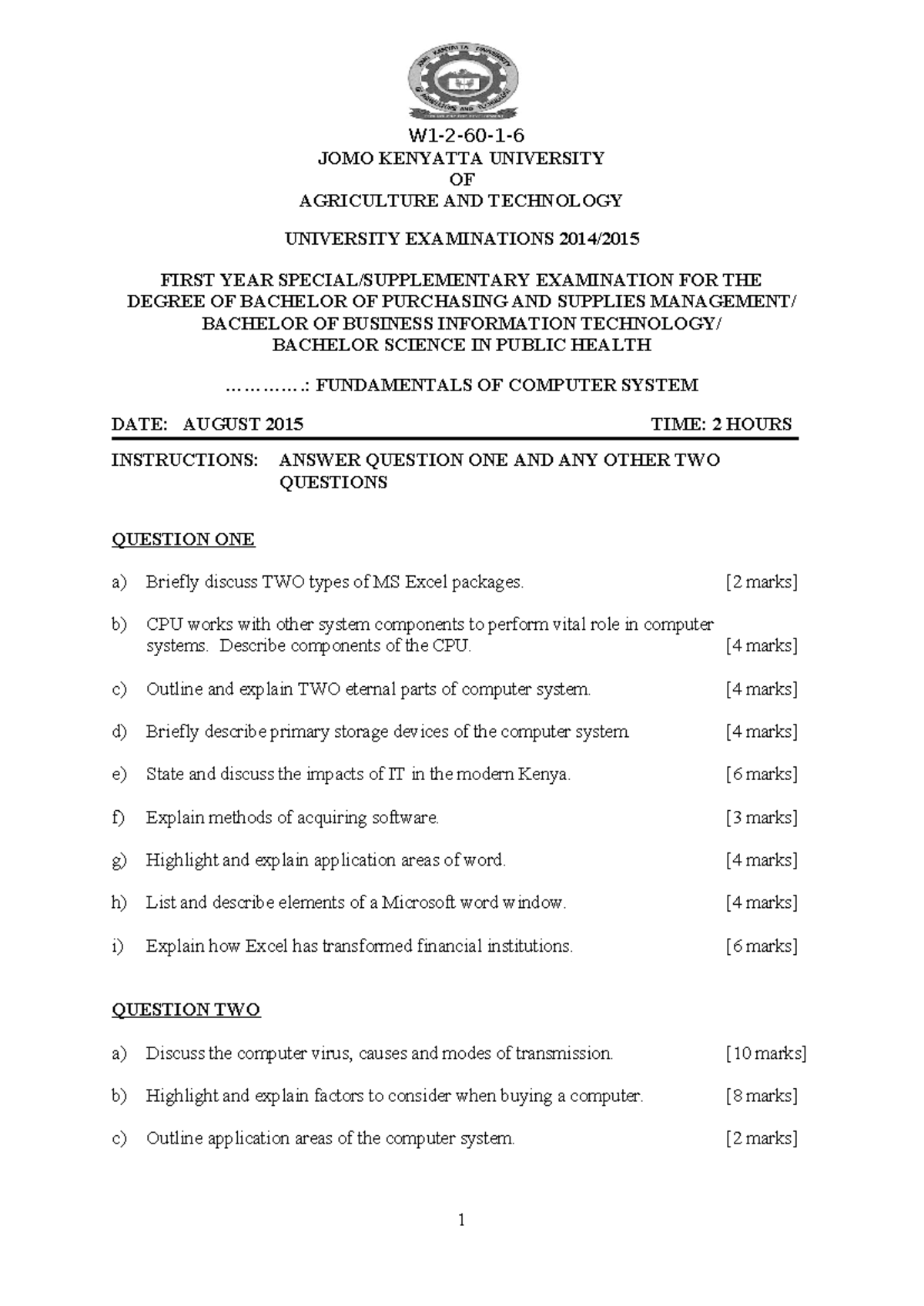 JKUAT 1st Year Exam: Fundamentals of Computer Systems - Aug 2015 - Studocu
