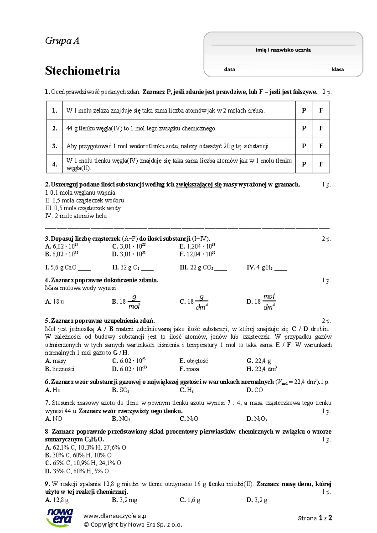 Sprawdzian Stechiometria Liceum Nowa Era www.studocu.com