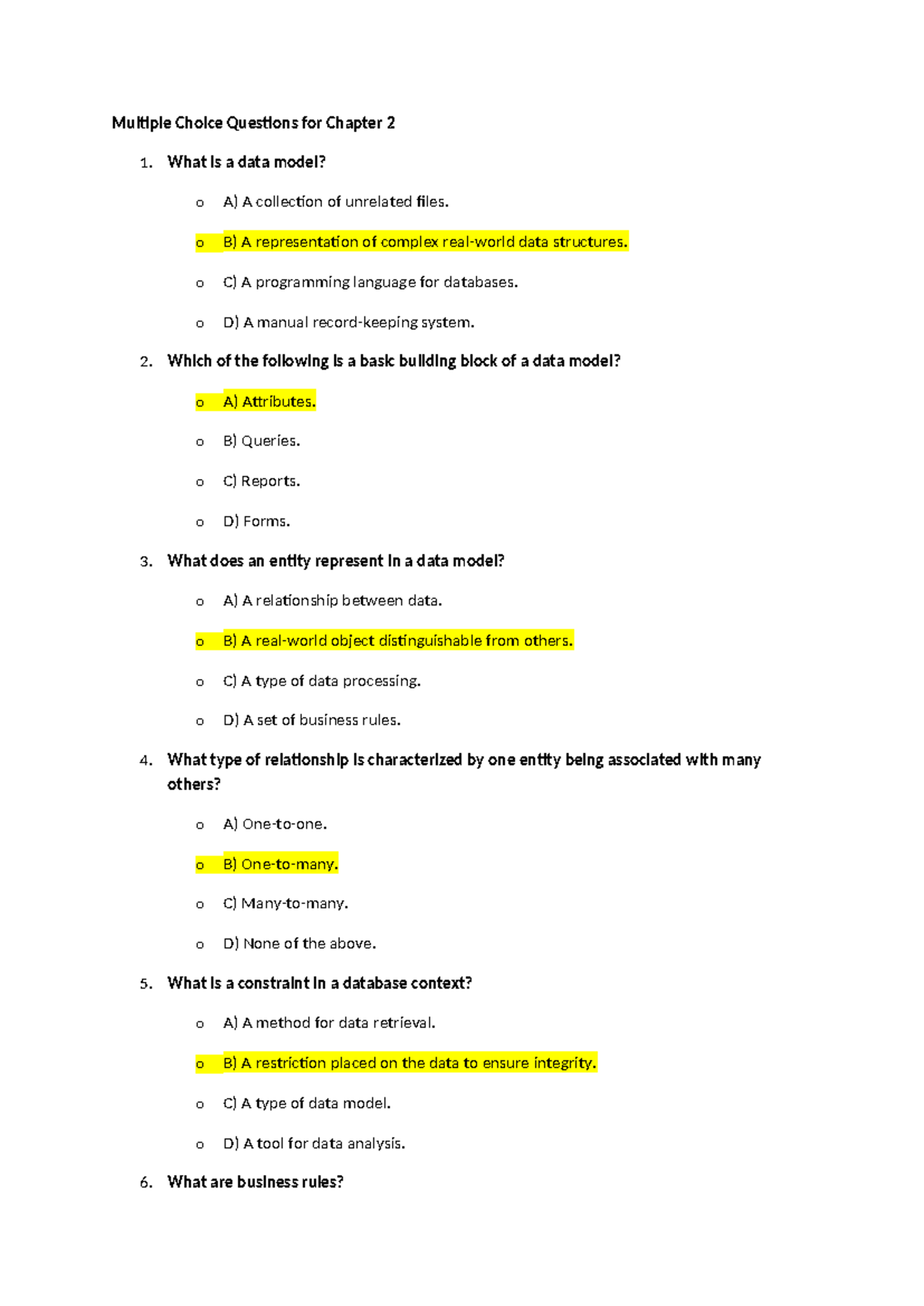 Chapter 2 MCQ for Data Modeling Concepts - Studocu