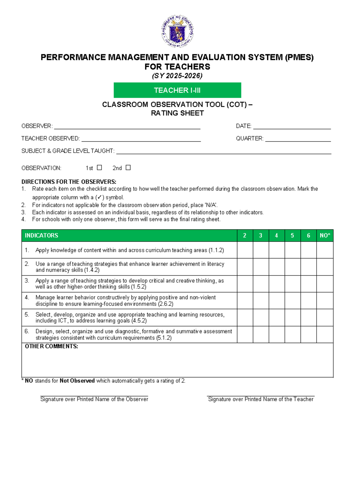 PMES COT Rating Sheet for Proficient Teacher Evaluation (SY) - Studocu