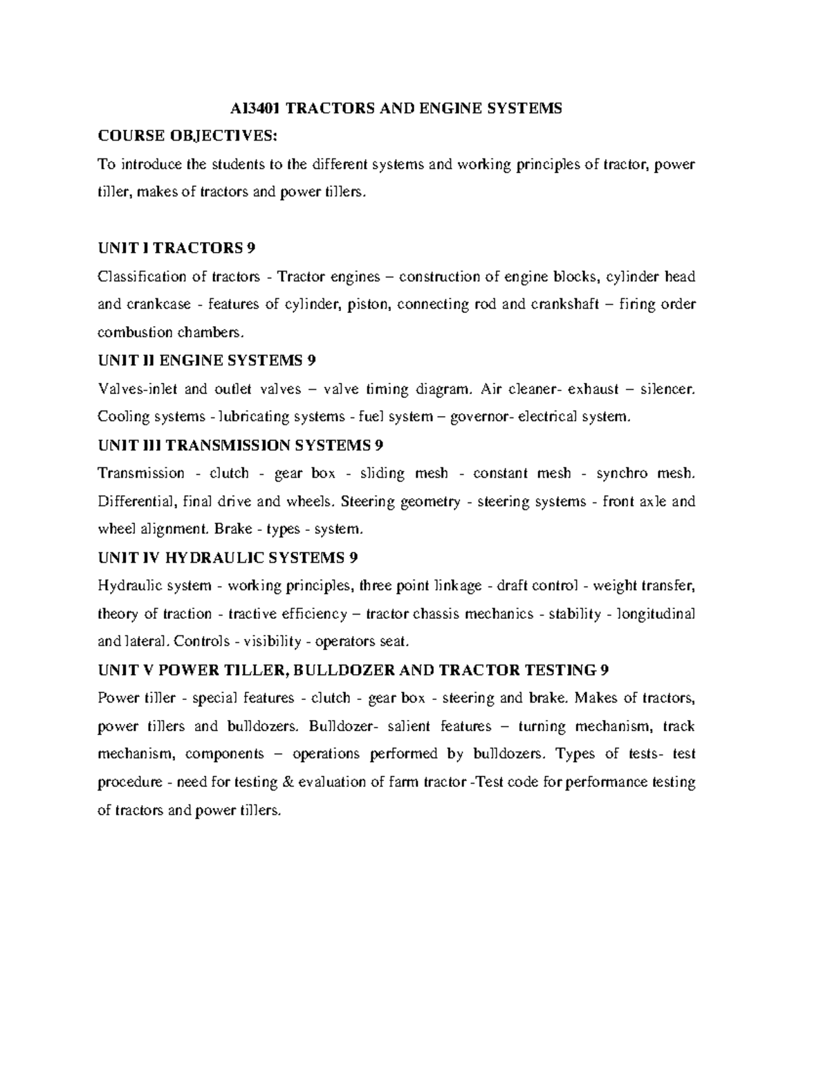 AI3401 Tractors and Engine Systems Course Syllabus Notes - Studocu