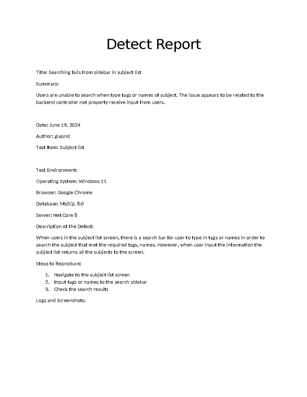 Detect Report - Issue with Search Function in Subject List (ABC) - Studocu