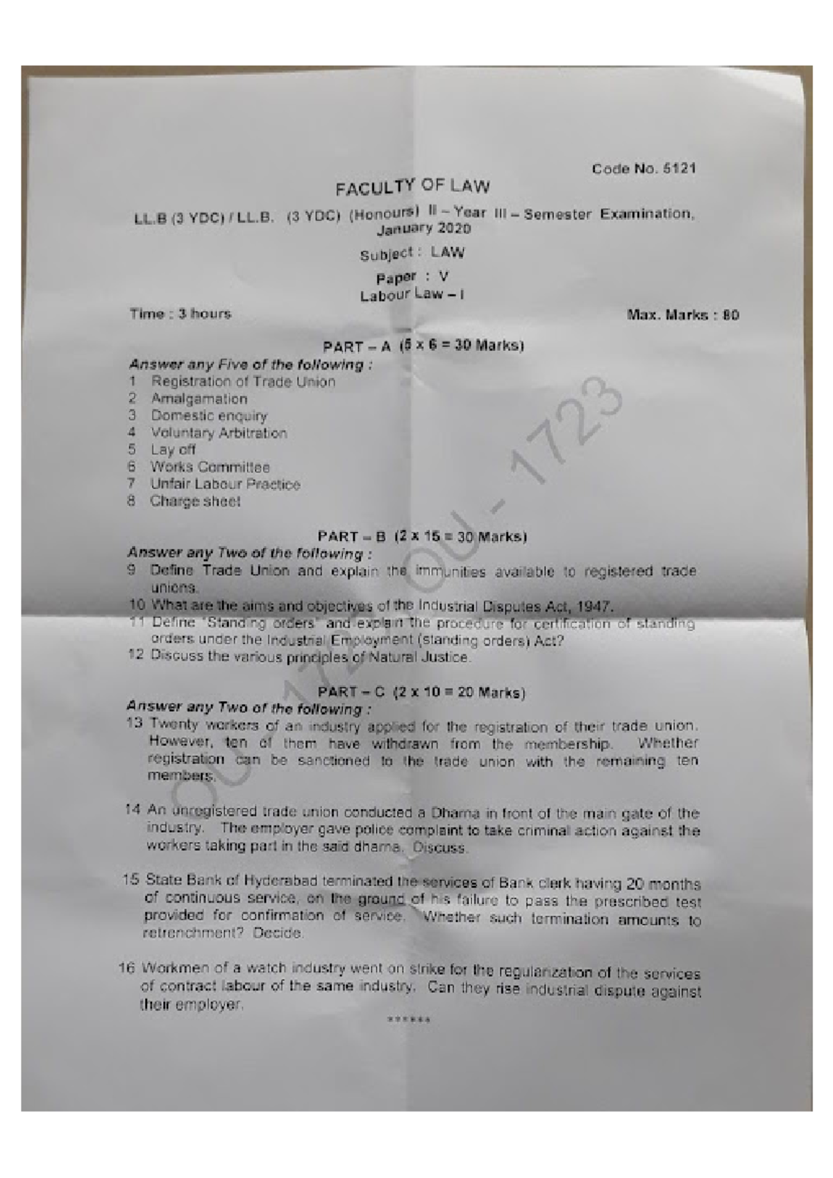 Labour Law (LL 5121) - January 2020 Question Paper (Honours II Year ...