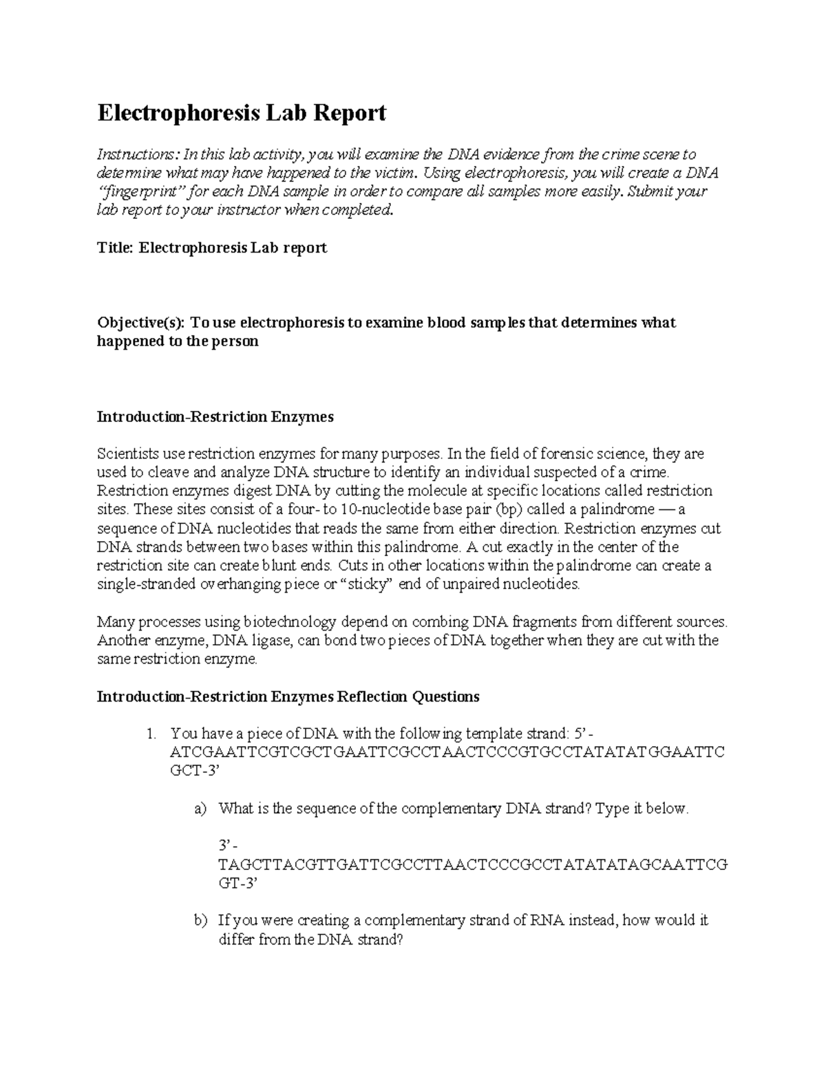 Electrophoresis Lab Report (Course Code: 06 01) - DNA Analysis Insights ...