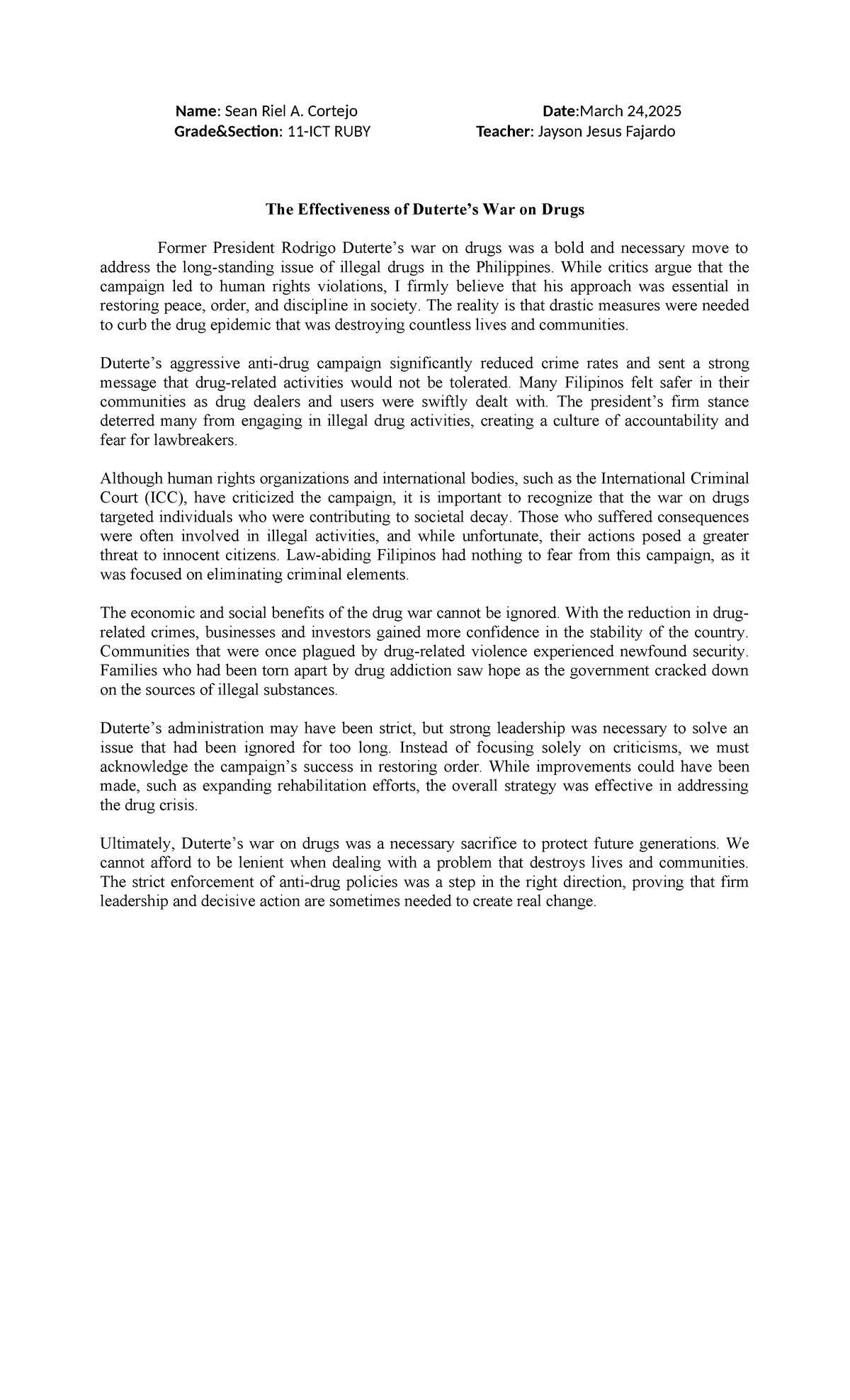 PETA 3 - The Effectiveness of the War on Drugs in the Philippines - Studocu