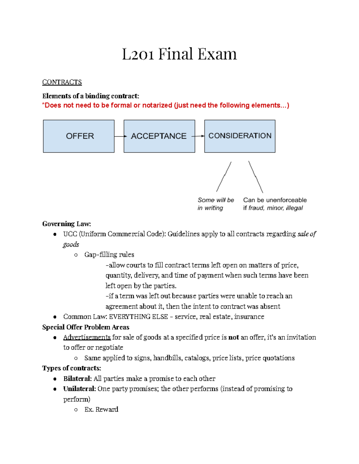 L201 Final Exam Study Guide: Key Concepts in Contracts & Law - Studocu