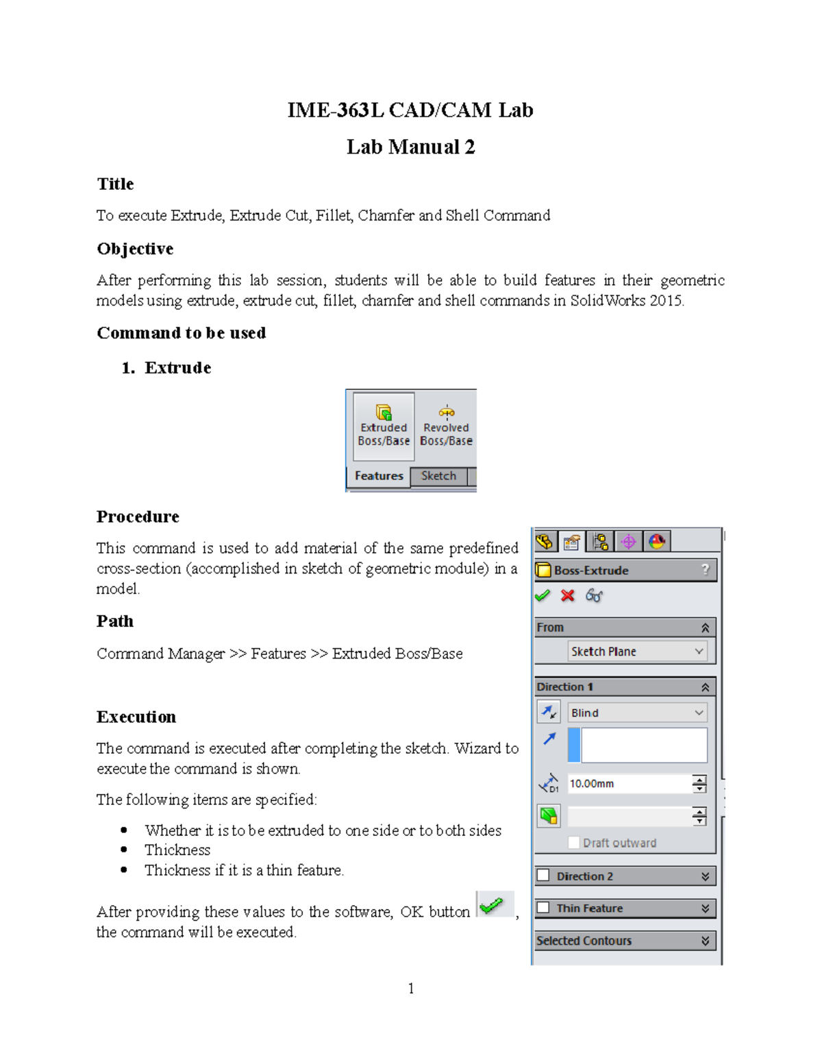 IME-363L CAD/CAM Lab Manual 2: Executing SolidWorks Commands - Studocu