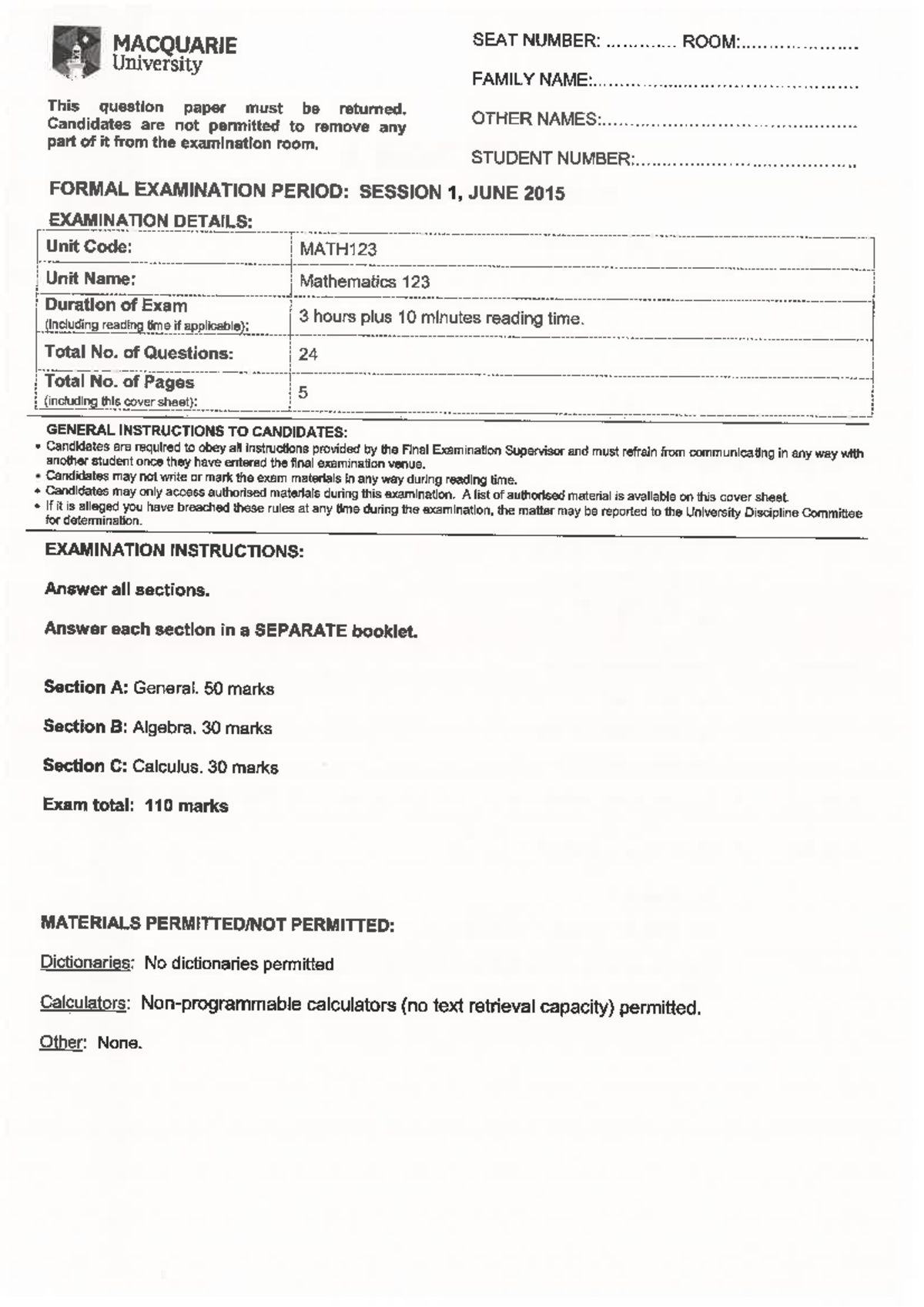 Final Exam MATH123 - Mathematics 123, June 2015 Questions - Studocu