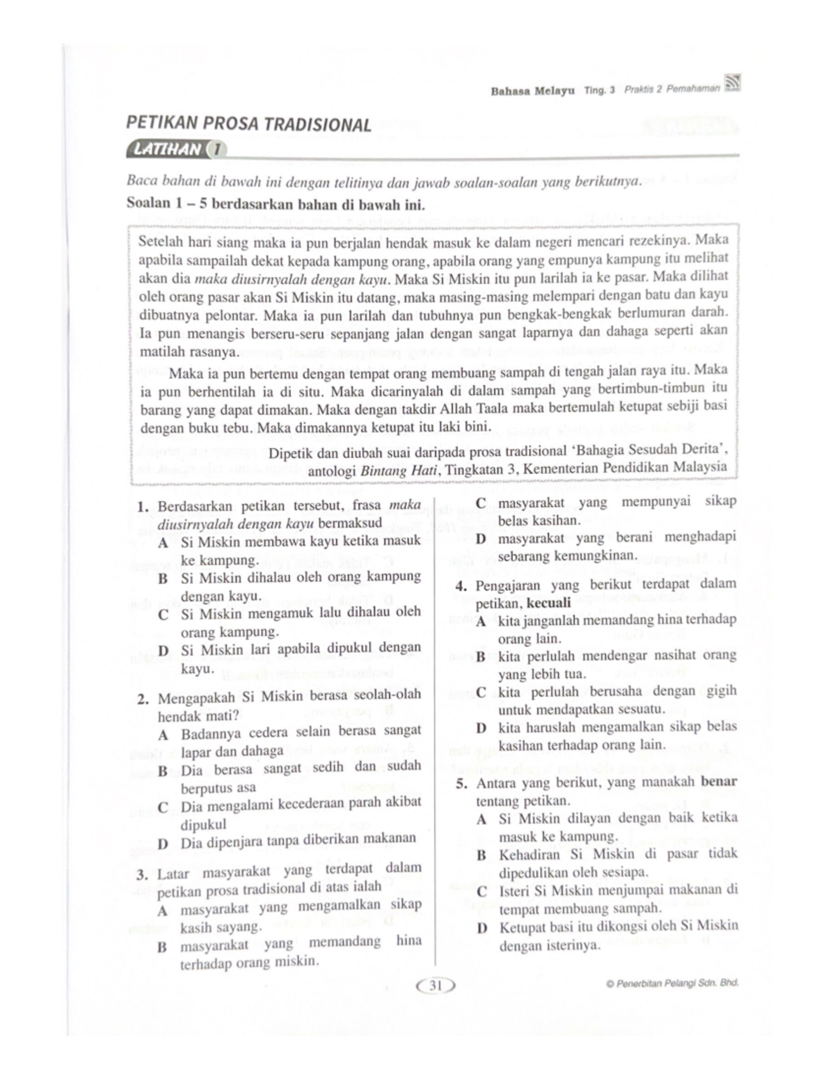 Petikan Prosa Tradisional: Latihan Pemahaman Bahasa Melayu Ting. 3 ...