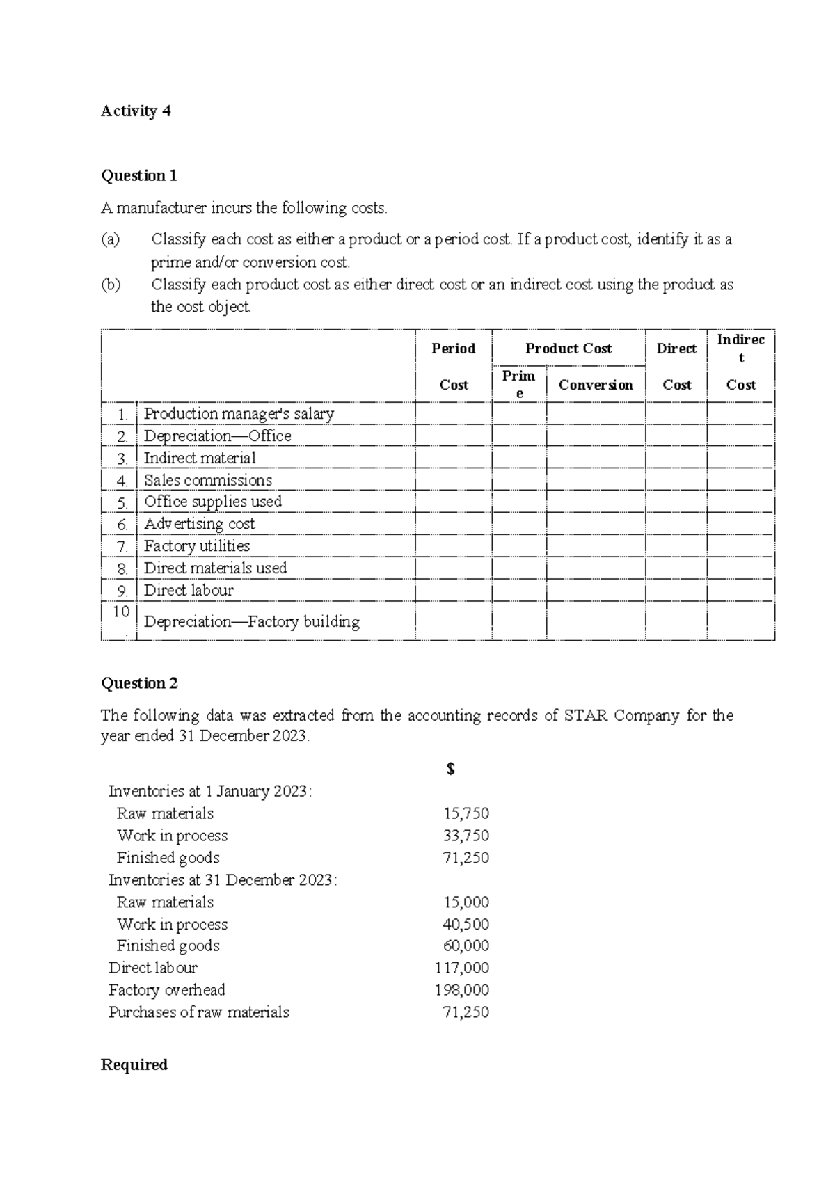 Activity 4 - Cost Classification & Analysis for Manufacturing Costs ...