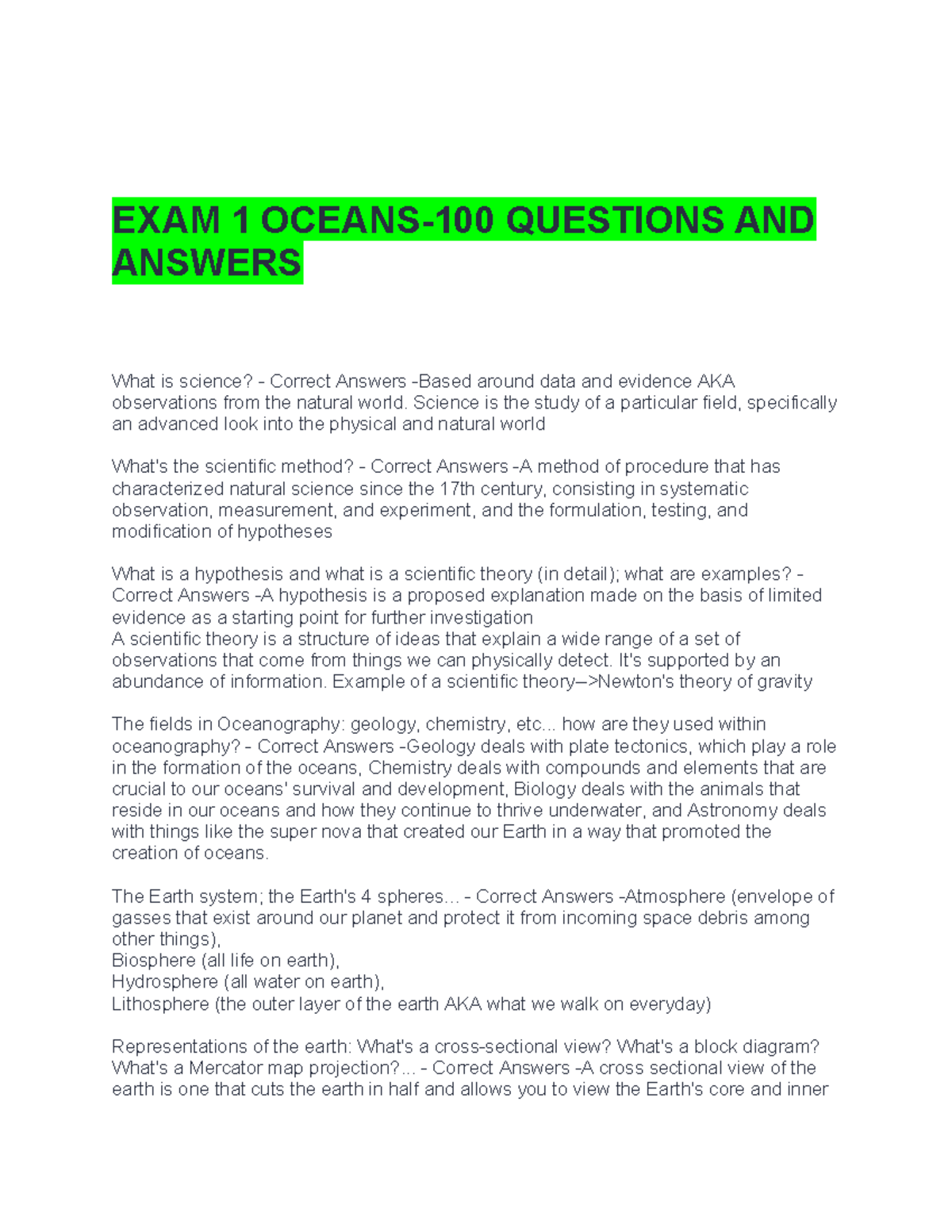 EXAM 1 Oceans-100 Questions AND Answers-13 - EXAM 1 OCEANS-100 ...