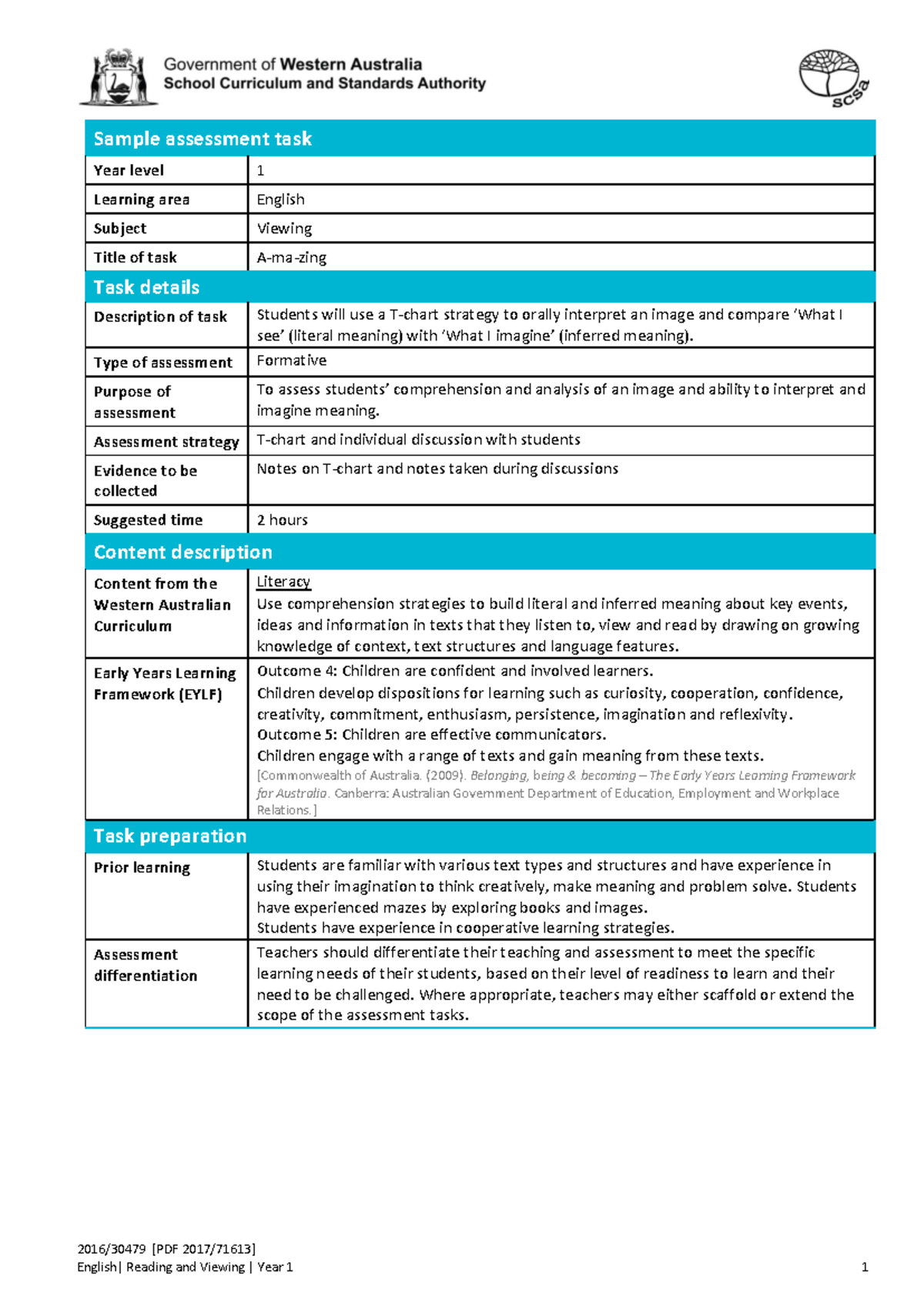 English Year 1 Viewing Sample Assessment Task: A-ma-zing Activity - Studocu