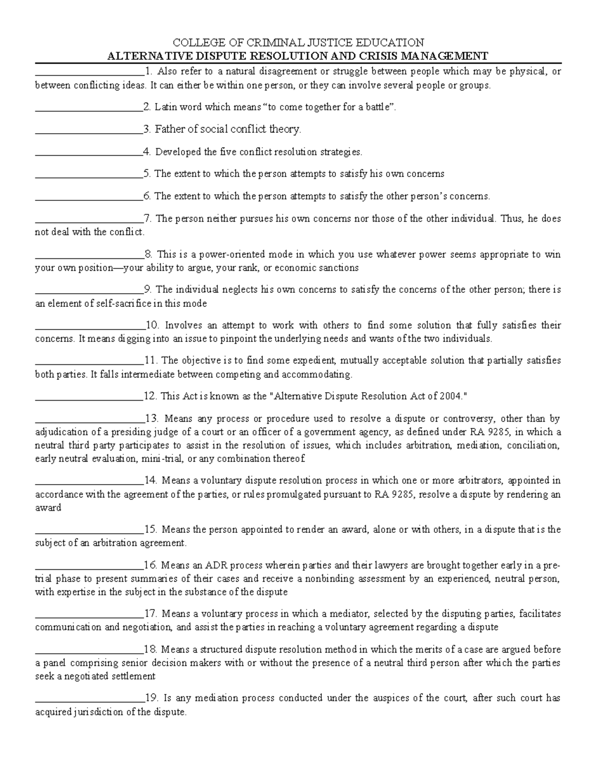 ADR EXAM - COMPREHENSIVE STUDY ON ALTERNATIVE DISPUTE RESOLUTION - Studocu