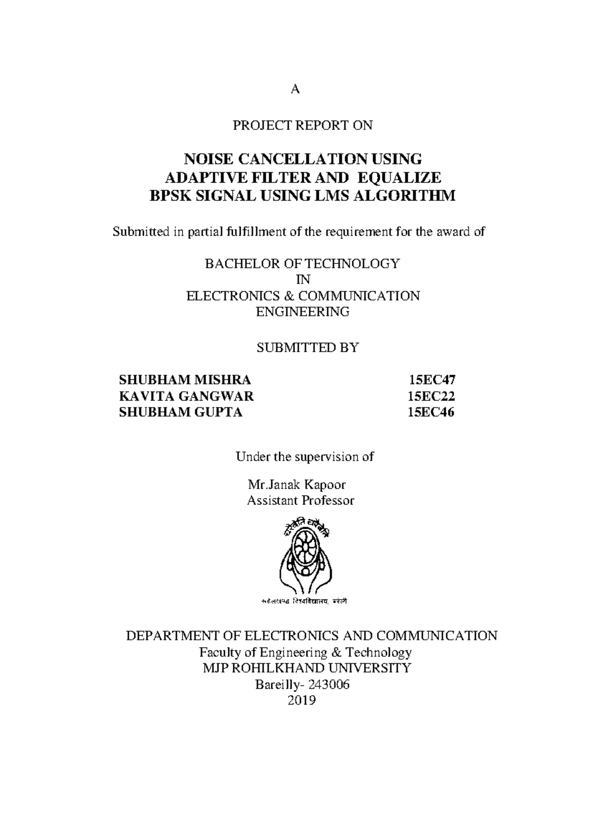 B.Tech ECE 4th Year Major Project Report: Noise Cancellation Using Adaptive Filter - Document Preview