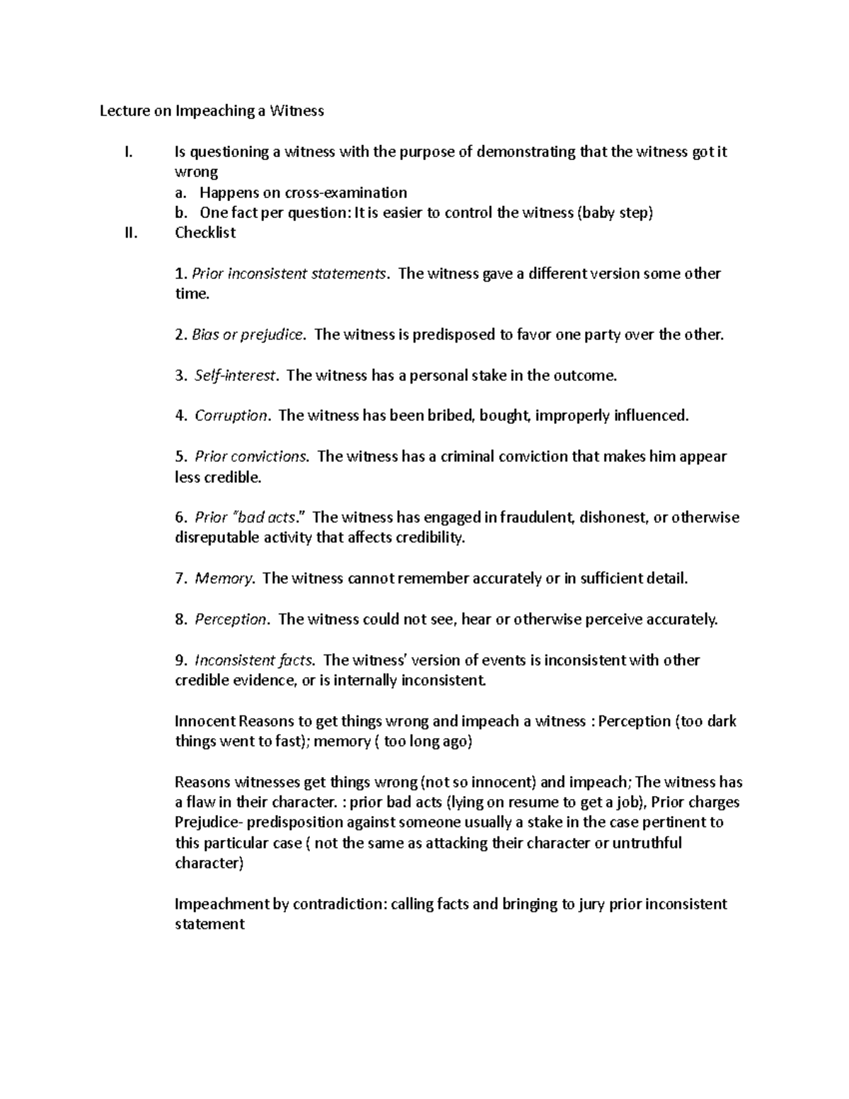 Lecture Notes on Witness Impeachment Techniques and Strategies - Studocu