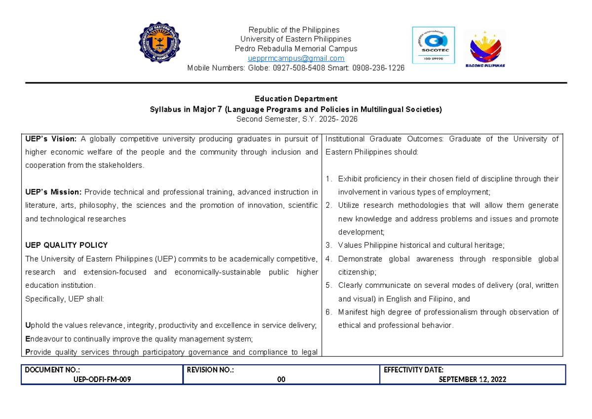 Syllabus for Major 7: Language Programs & Policies in Multilingual ...