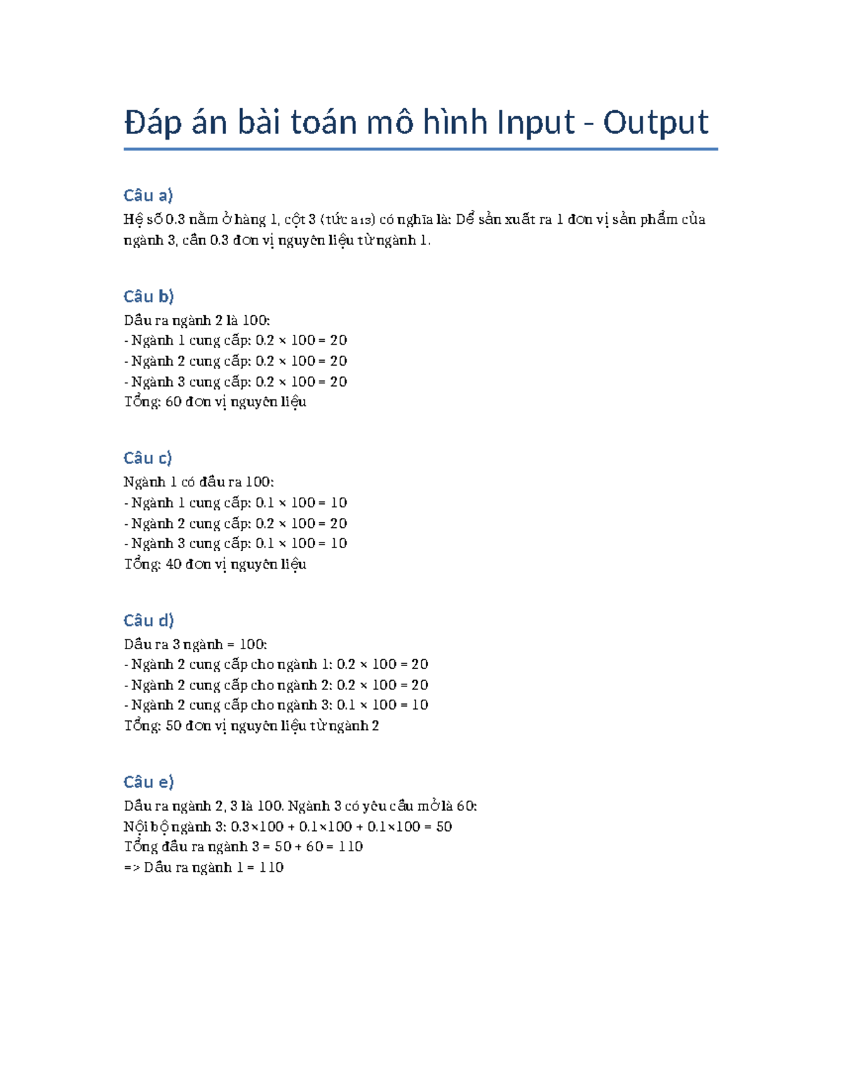 Đáp án bài toán mô hình Input Output - Câu hỏi và Giải thích - Studocu