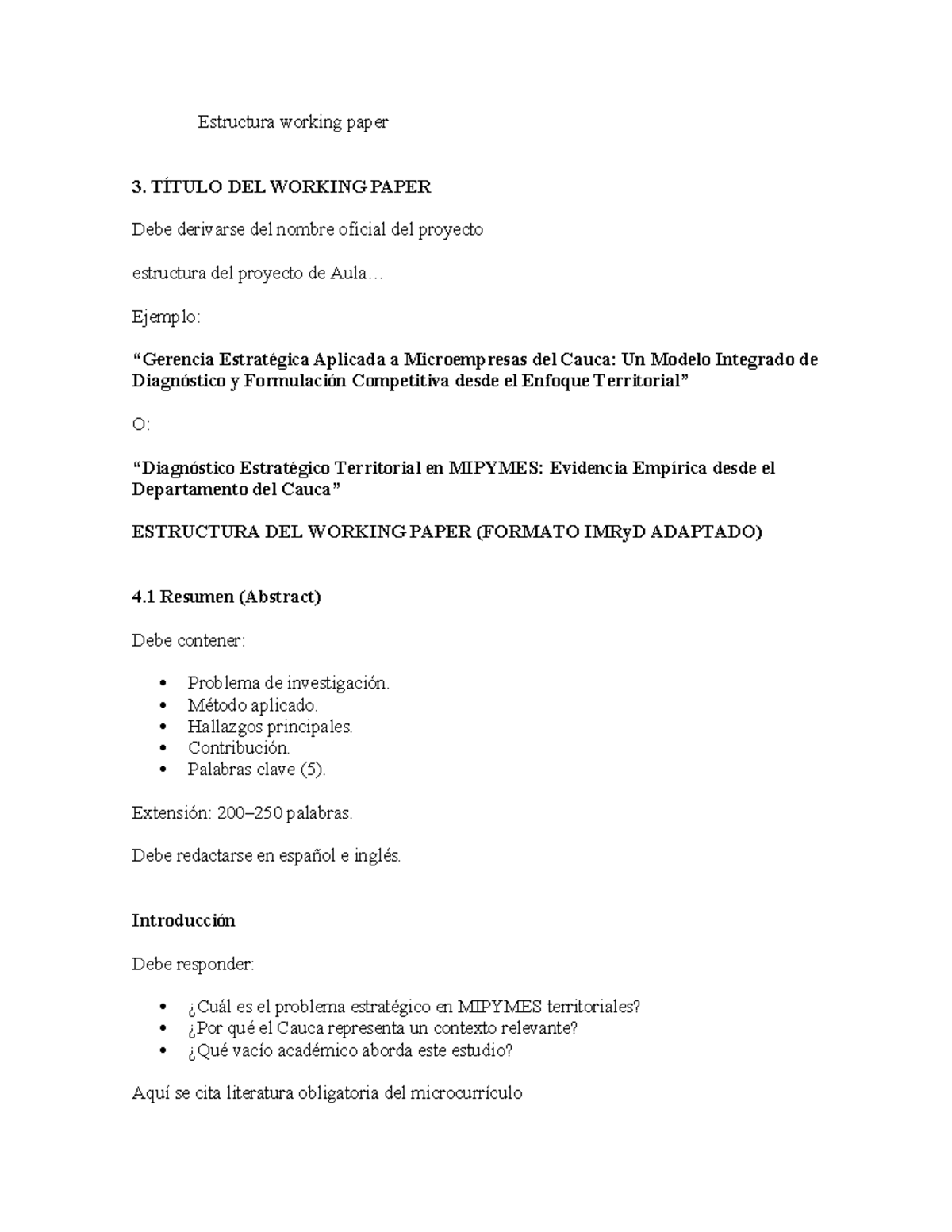 Estructura del Working Paper: Modelo Estratégico para MIPYMES del Cauca ...