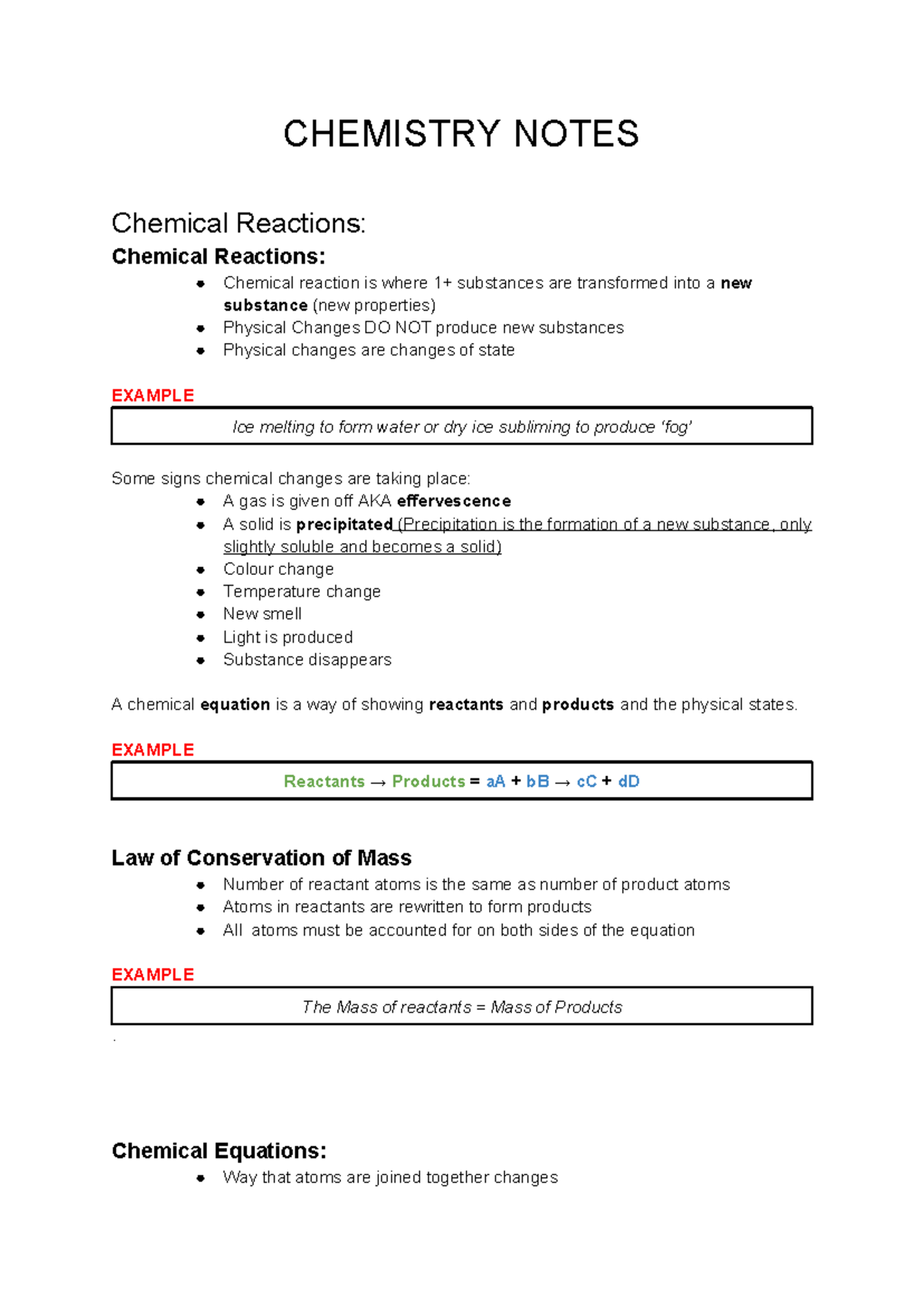 CHEM 101: Comprehensive Notes on Chemical Reactions and Equations - Studocu