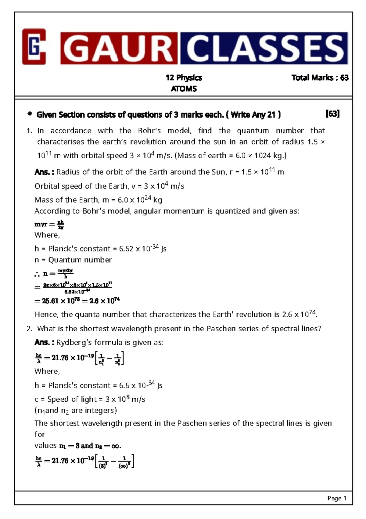 Atoms Solutions - Best Notes for Physics ATOMS (12) - Studocu