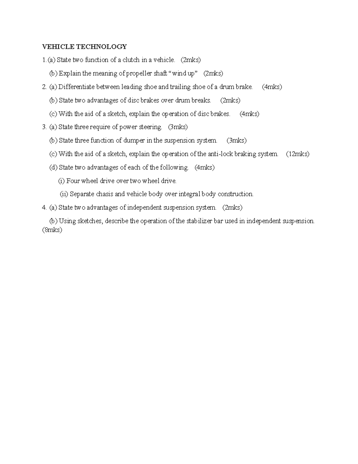 Vehicle Technology 1: Clutch, Brakes, Steering & Suspension Notes - Studocu