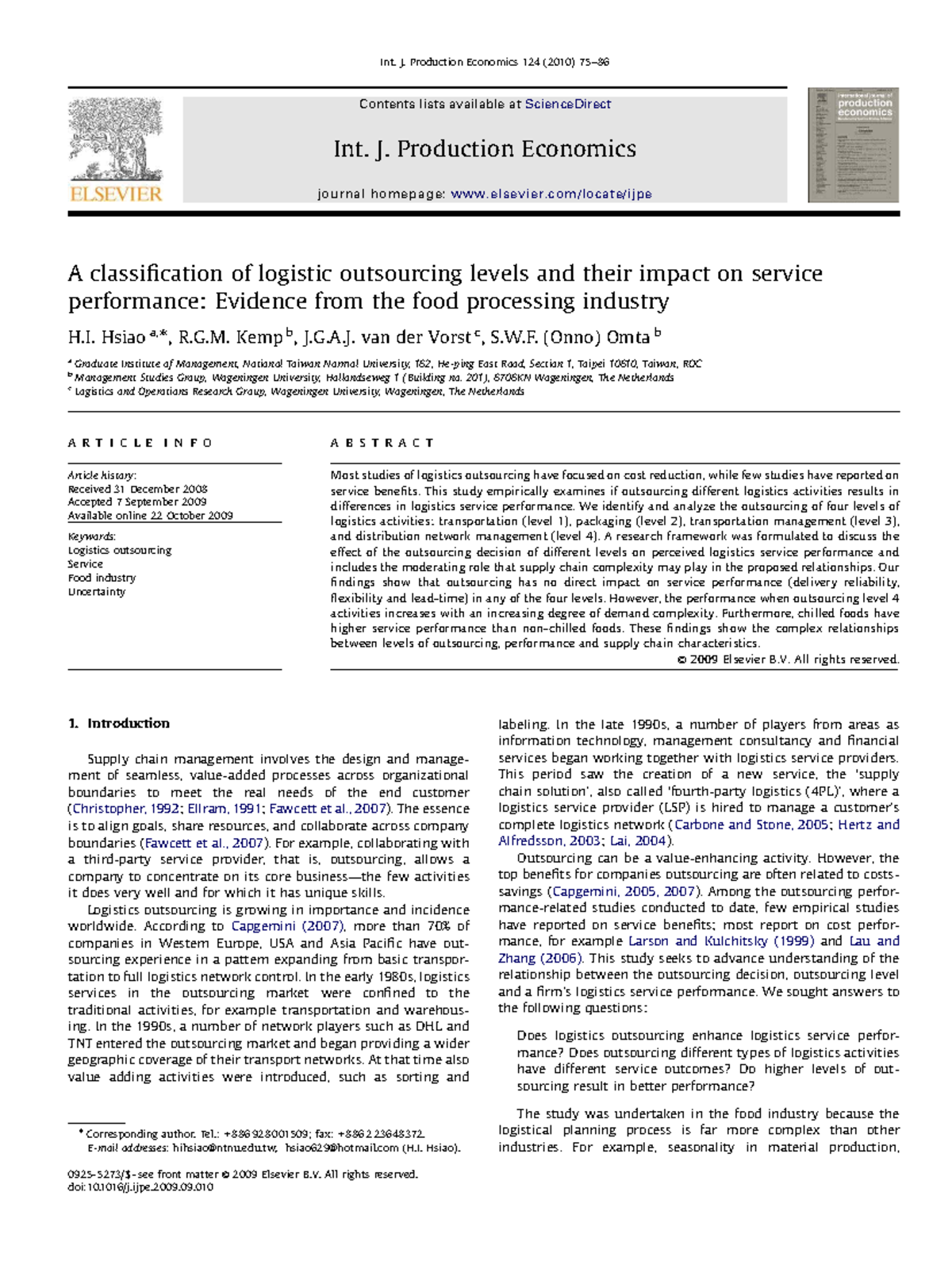 A Classification of Logistics Outsourcing Levels and Service ...