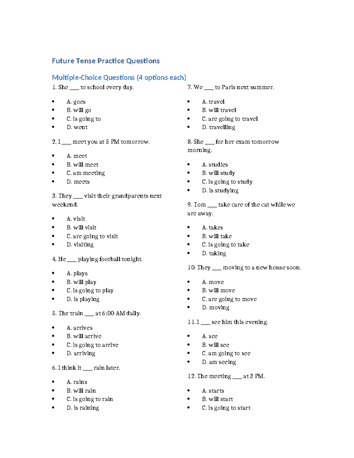 Future Tense Practice Questions (4 Options Each) - Studocu