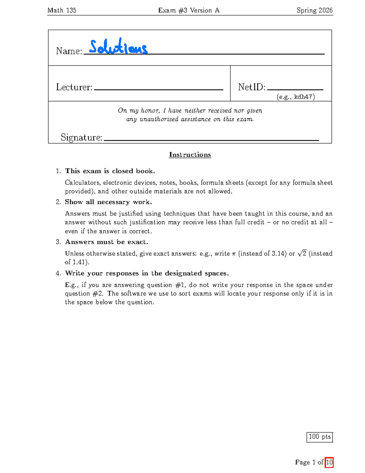 Math 135 Midterm Exam Solutions Spring 2026 - Version A - Studocu