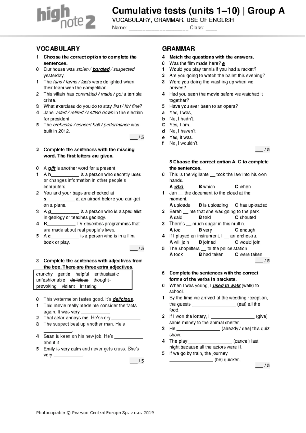 High Note 2 Grammar Quiz Unit09C Group A - Grammar Quiz | Group A UNIT ...