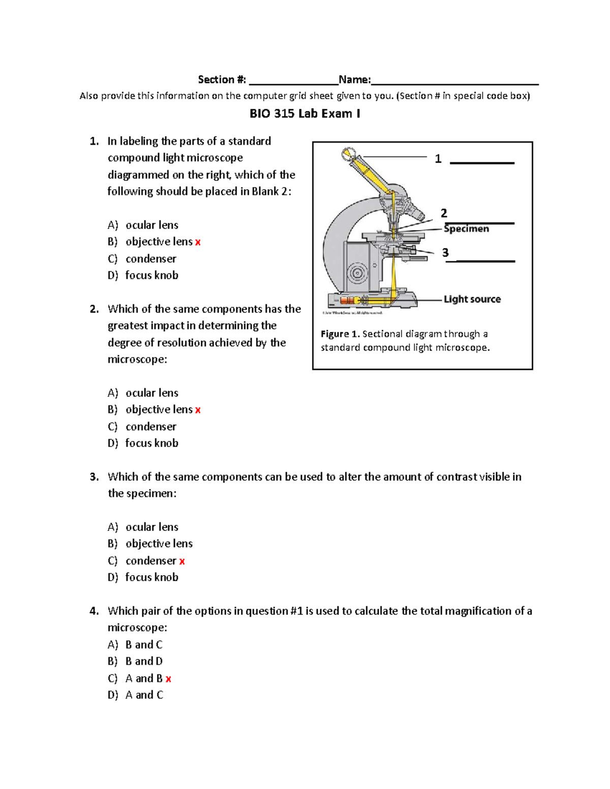 BIO 315 Lab Exam I: Microscope and Fluorescence Techniques Answers ...