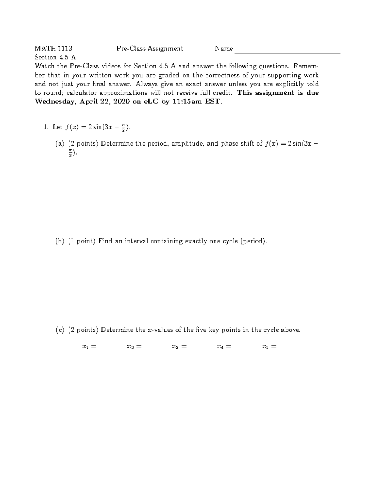 MATH 1113 Pre-Class Homework for Section 4.5 A Assignment - Studocu