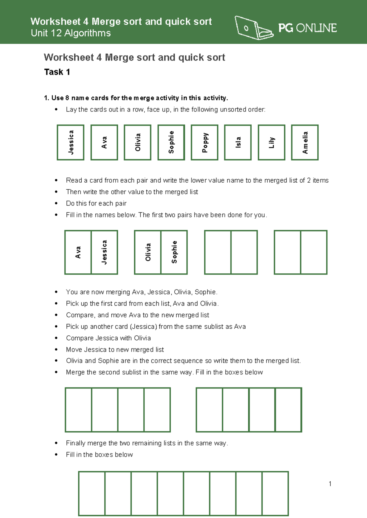 Unit 12 Algorithms: Worksheet 4 on Merge Sort & Quick Sort Techniques ...