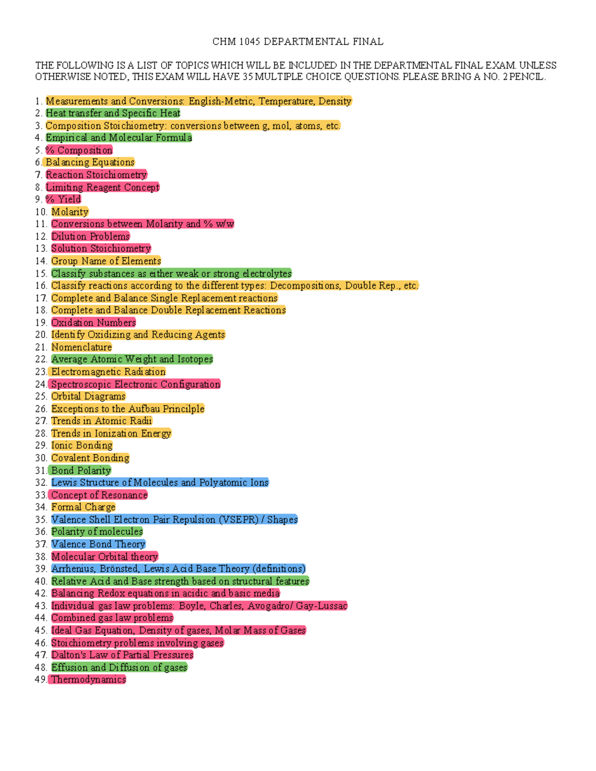 CHM1045 Final Exam Topics Overview and Study Guide - Studocu