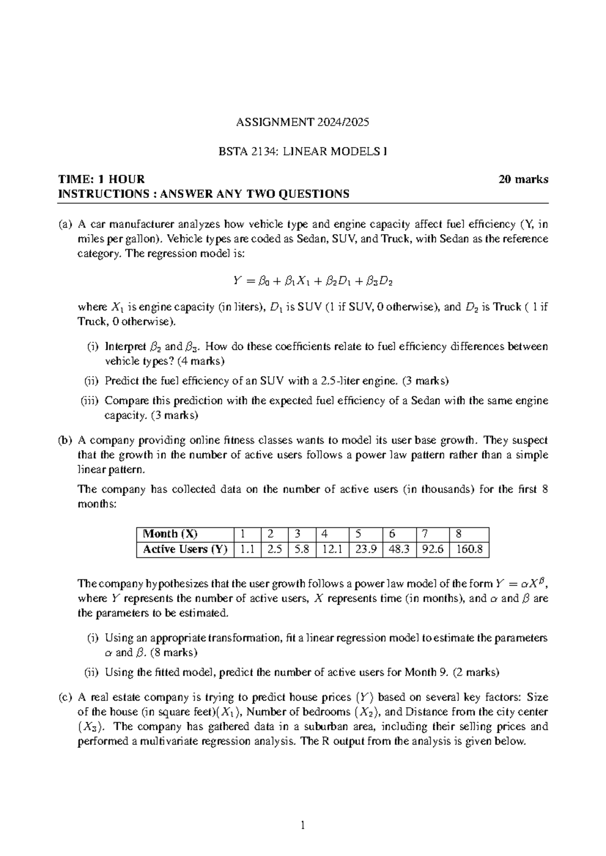 BSTA 2134 Linear Models I - 2024 Assignment on Regression Analysis ...