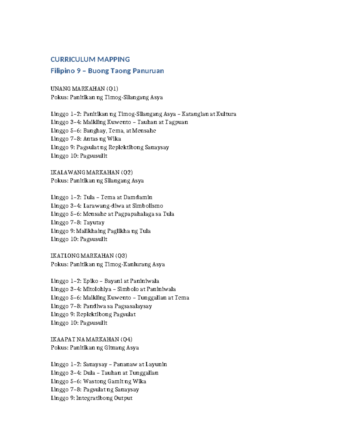 Filipino 9 Curriculum Mapping: Buong Taong Panuruan Overview - Studocu