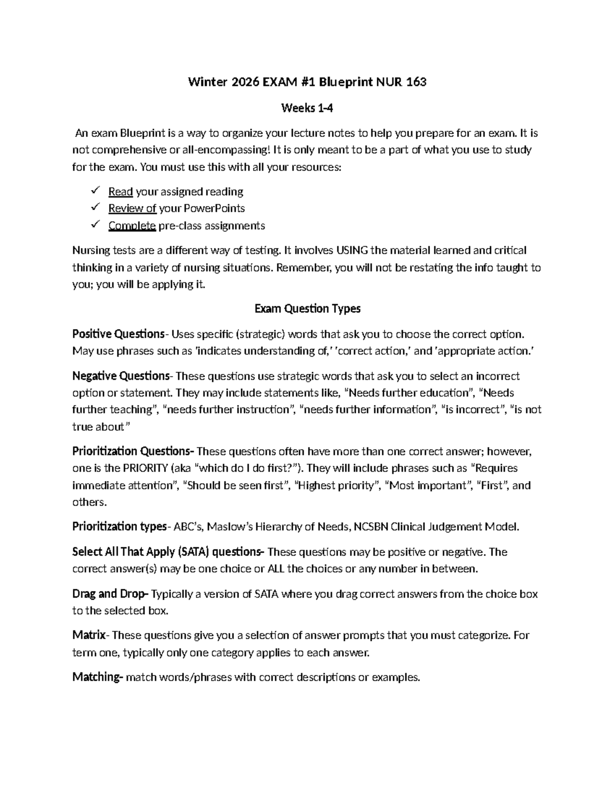 NUR 163 Winter 2026 Exam 1 Blueprint Study Guide - Studocu