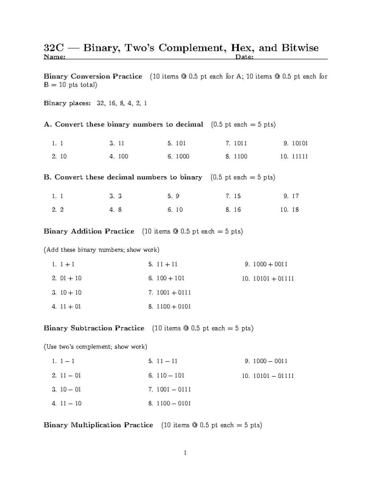 32C Binary Conversion & Operations Practice - HW1 - Studocu