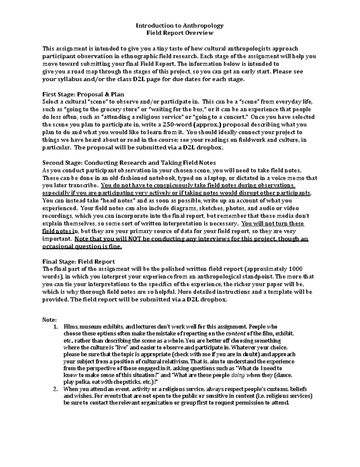 Field Report Overview: Cultural Anthropology Assignment Guide - Studocu