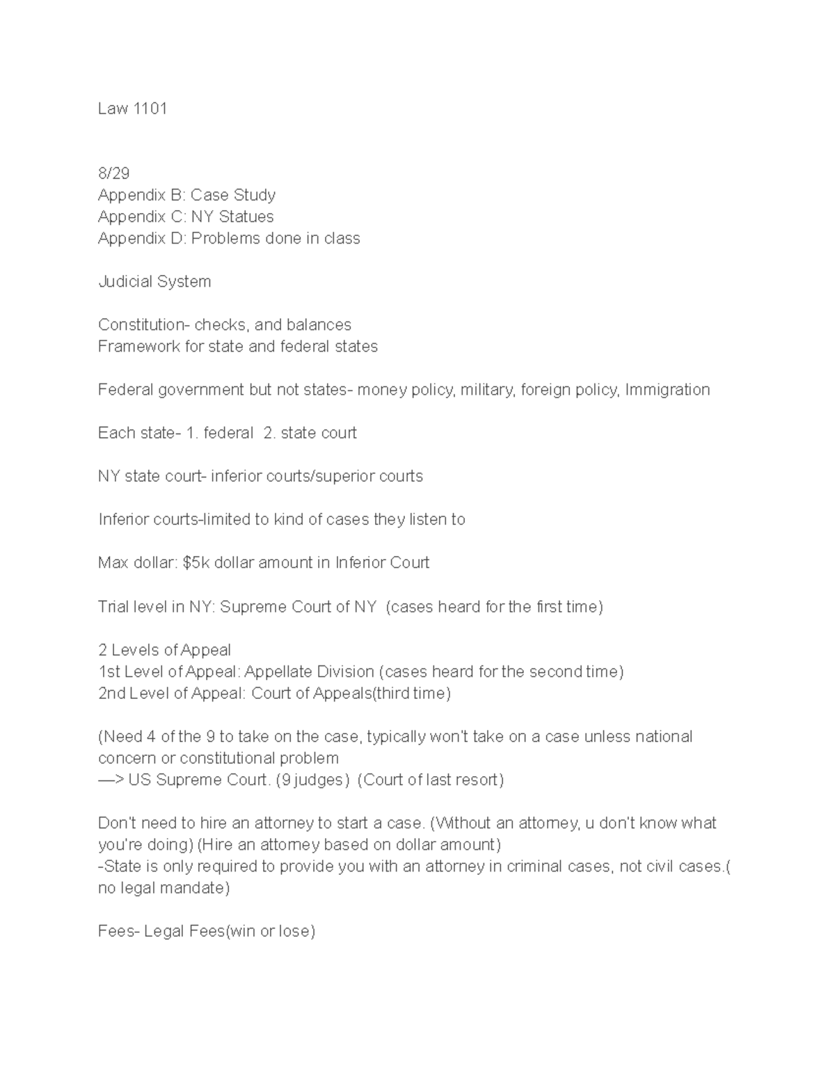 Law 1101 - Comprehensive Semester Notes on Legal Concepts and Cases ...
