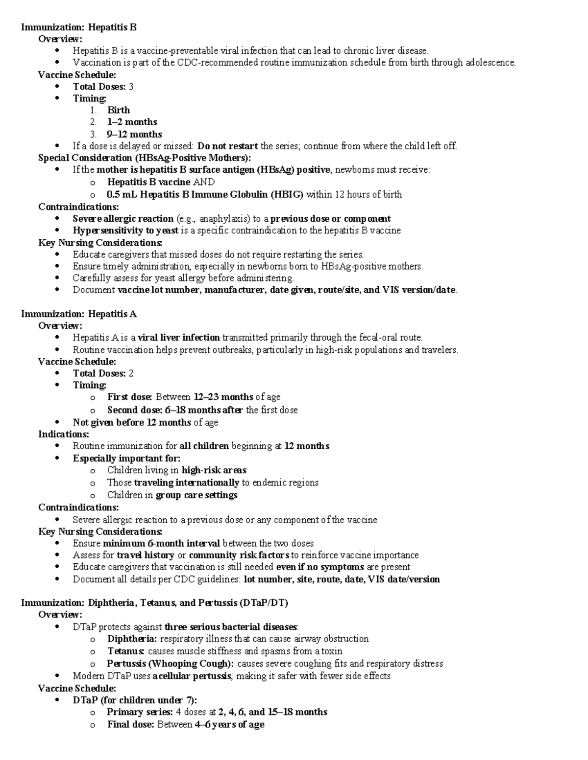 Immunization Overview: Key Vaccines and Nursing Considerations (CH 6 ...