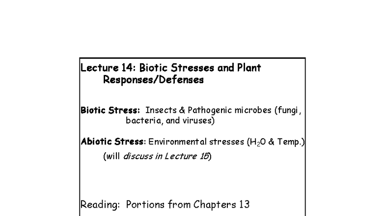 Lecture 14: Biotic Stresses & Plant Defense Mechanisms - Studocu