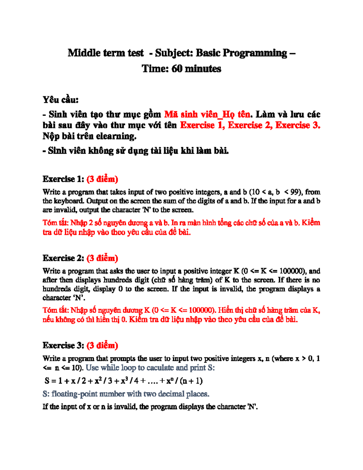 KTGK LTCB4 Midterm Test: Basic Programming Exercises and Summary - Studocu