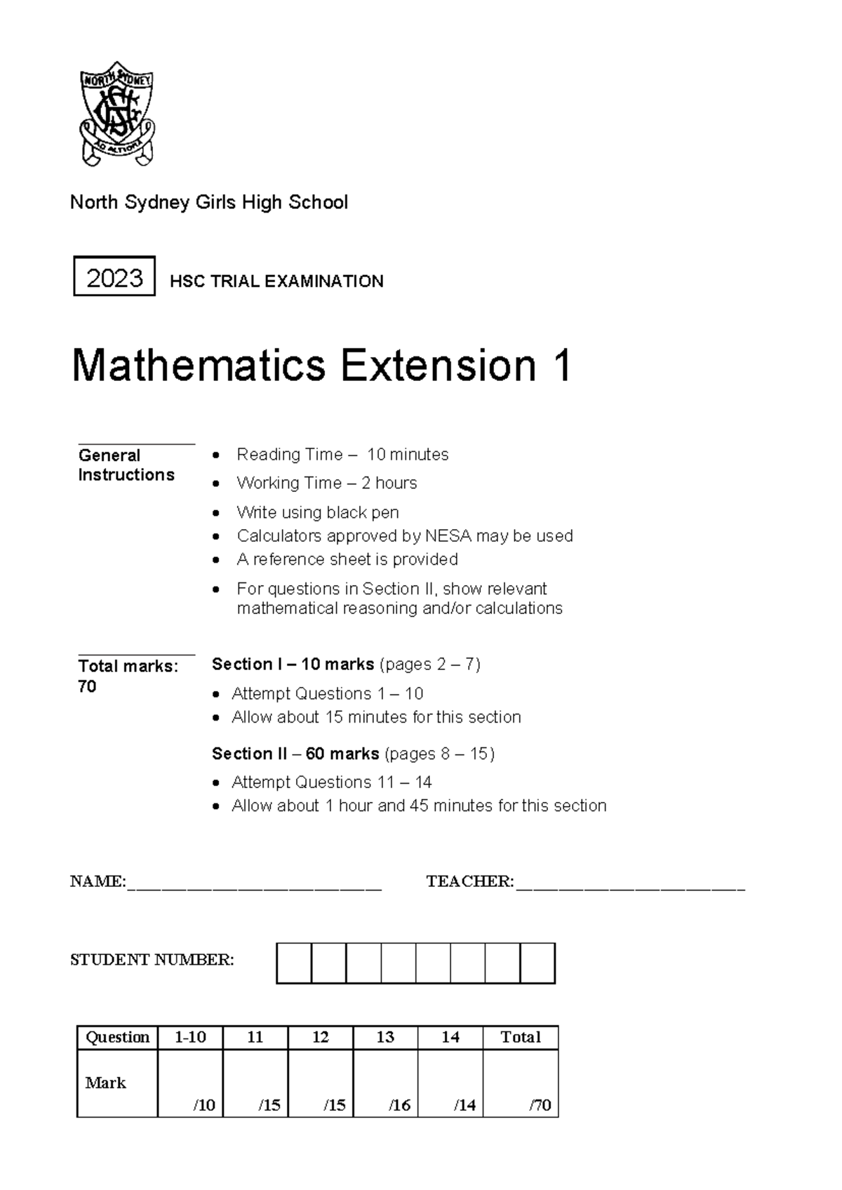 Nsghs HSC 2023 Mathematics Extension 1 Trial Exam - Past Paper - Studocu