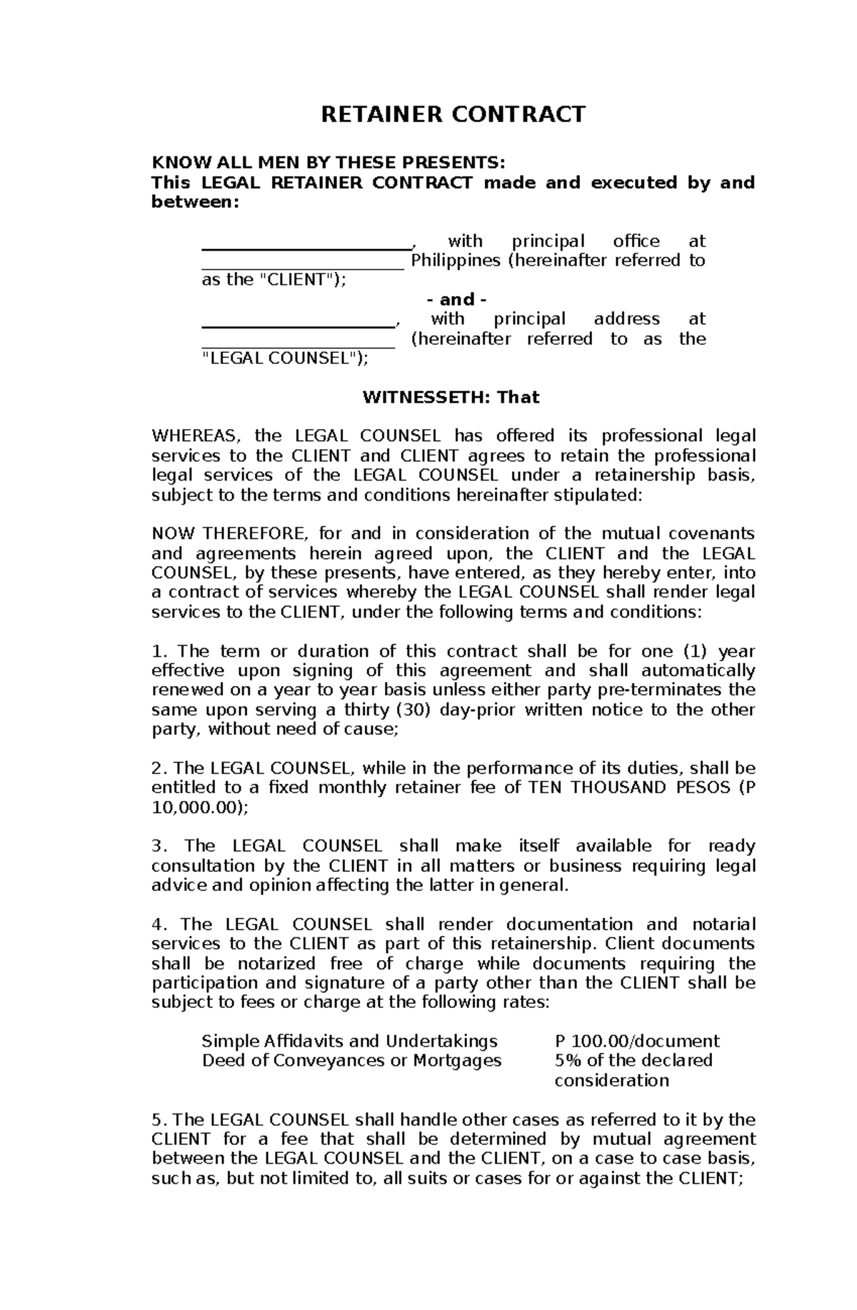 Retainer Contract for Legal Services: Key Terms & Conditions - Studocu