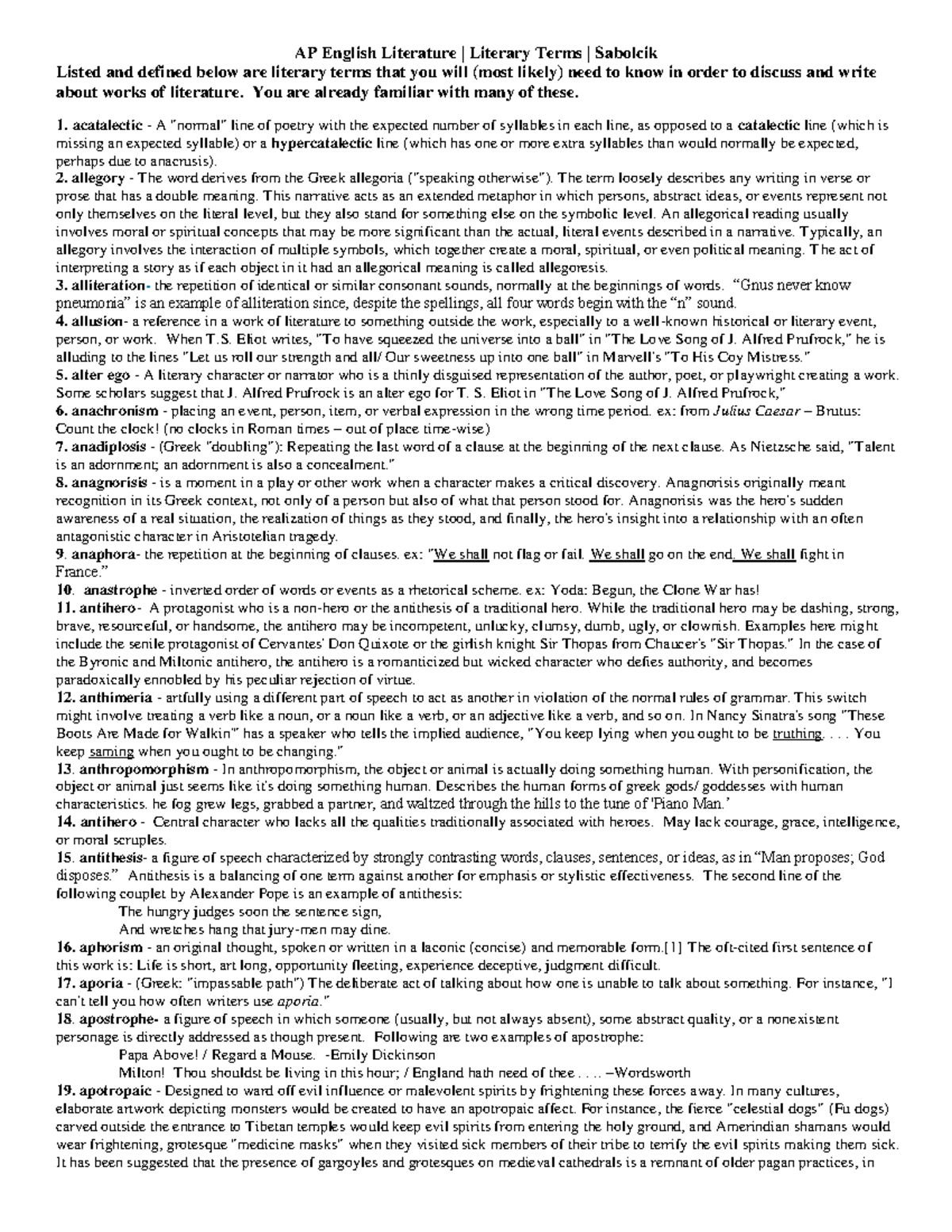 AP English Lit Poetry Terms: Key Definitions & Examples 1415 - Studocu