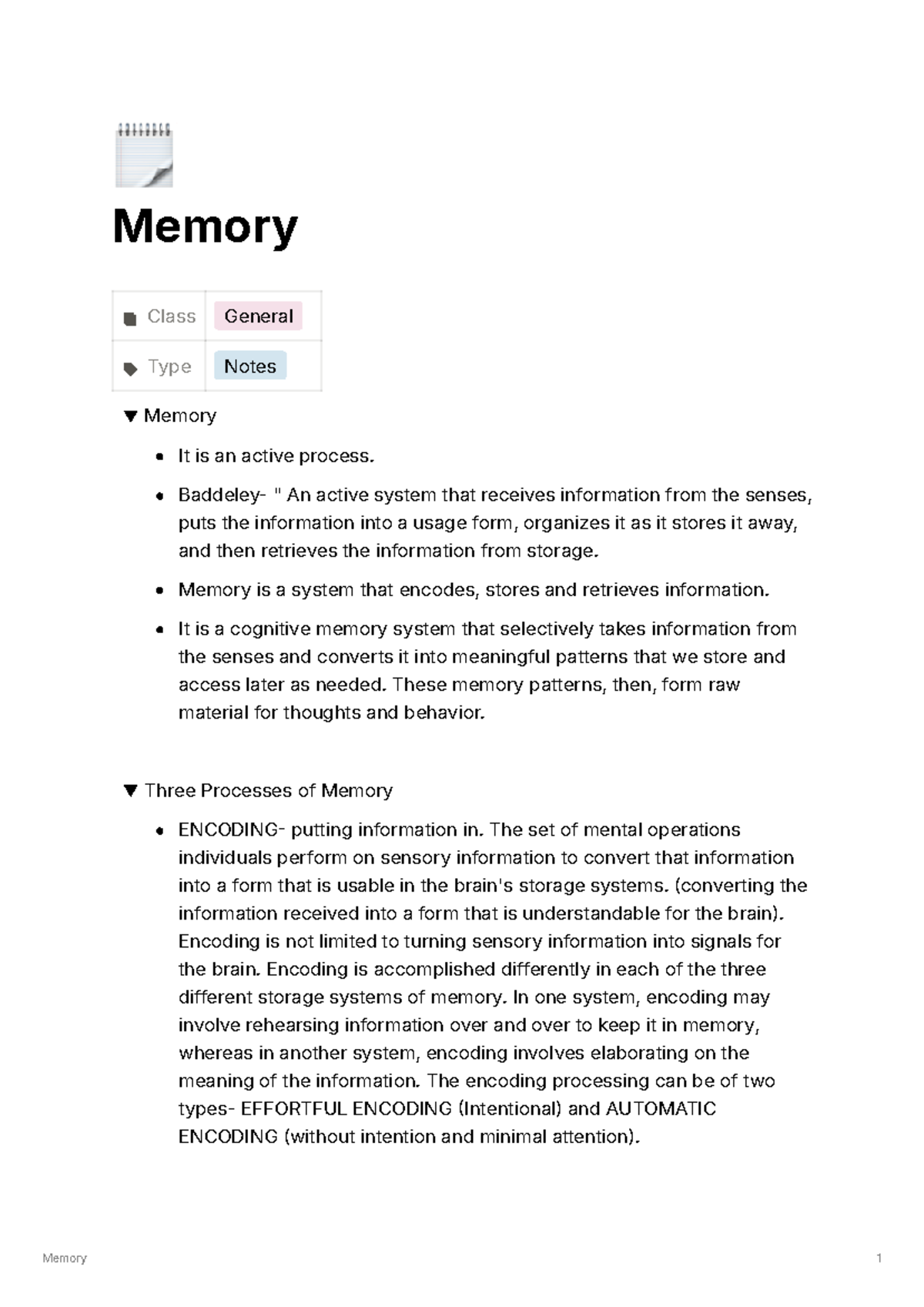 Memory summary notes - 🗒 Memory Class General Type Notes Memory It is ...
